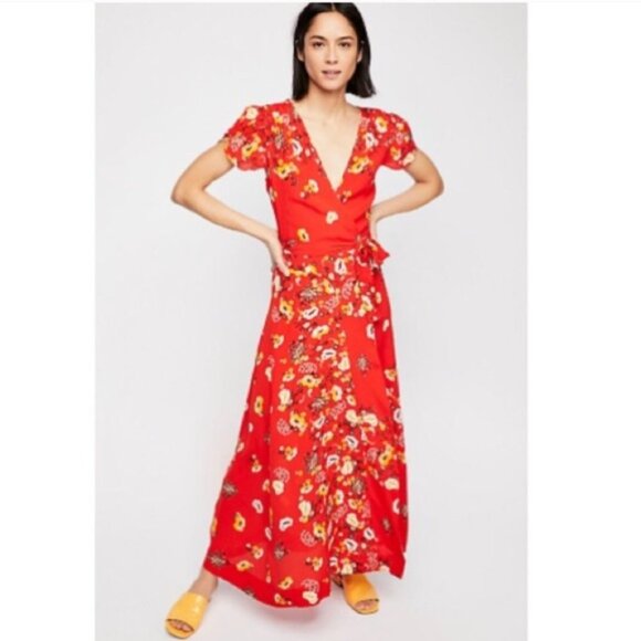 Free People Gorgeous Jess Wrap Floral Maxi Dress In Red Multi Size M EUC - Picture 4 of 16